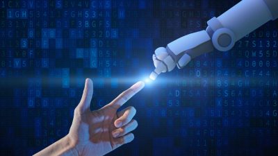 Human Hand And Robot Hand With Binary Number Code And Light On Blue Screen Background, Artificial Intelligence, Ai, In Futuristic Digital Technology Concept, 3d Illustration